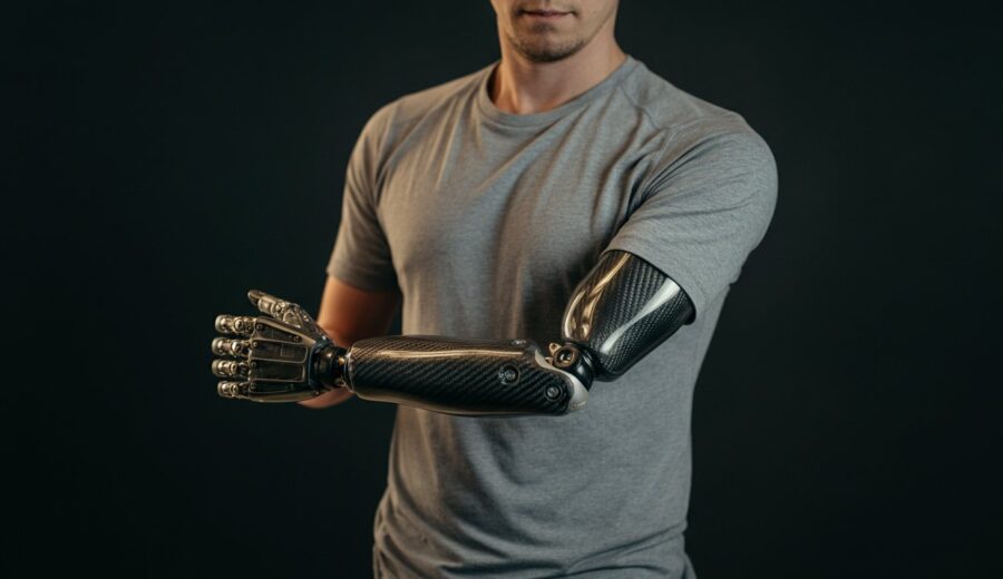 Man wearing a carbon fiber prosthetic arm, showcasing the lightweight and durable design that enhances mobility and performance.