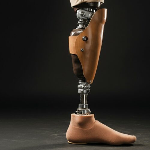 A prosthetic leg standing upright against a dark background, highlighting its sleek design and advanced technology.