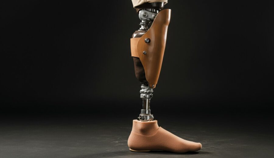 A prosthetic leg standing upright against a dark background, highlighting its sleek design and advanced technology.