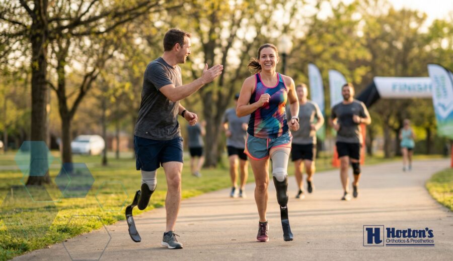 Runner with prosthetic leg crossing finish line at race, demonstrating successful running with prosthetics