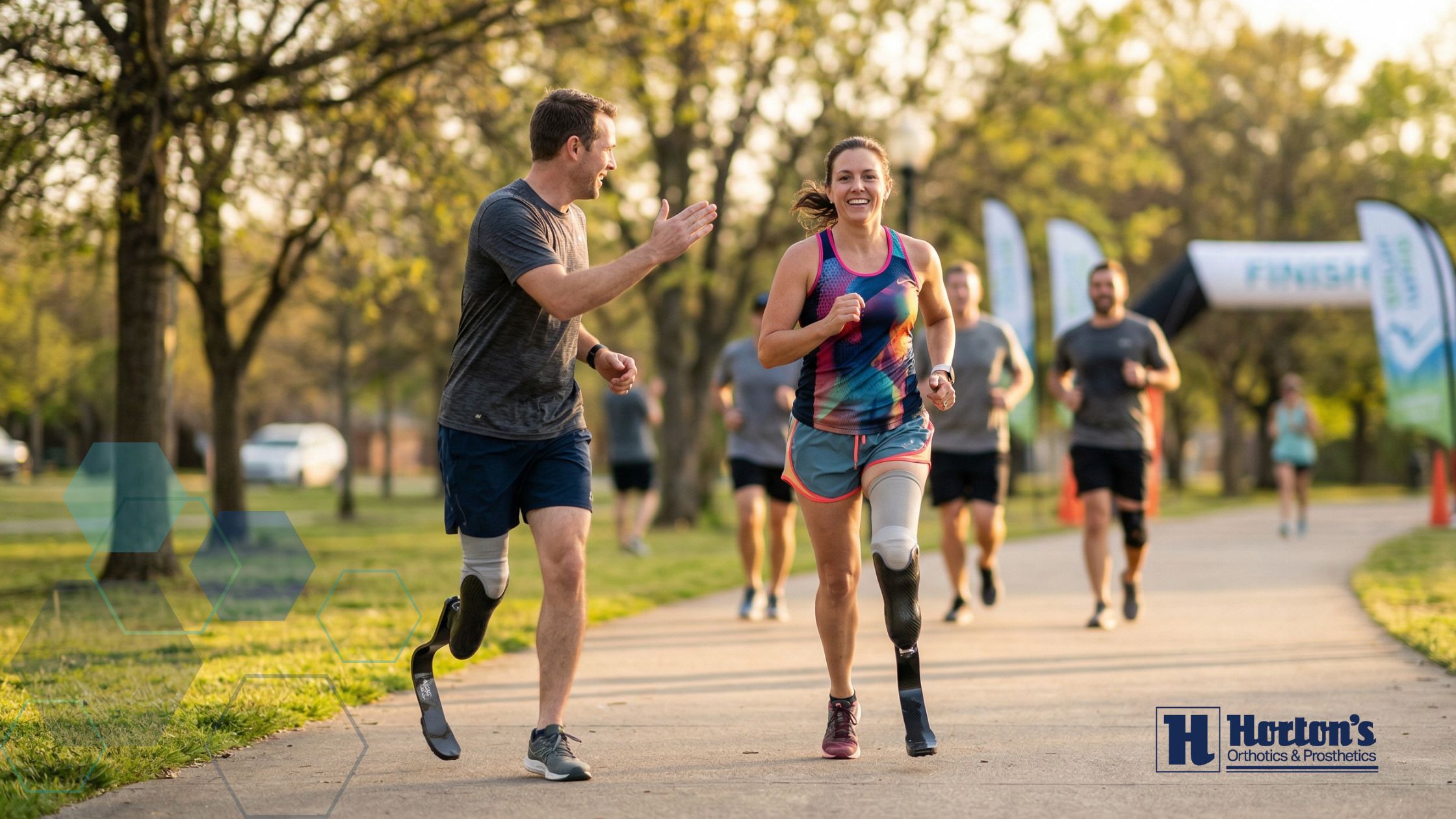 Runner with prosthetic leg crossing finish line at race, demonstrating successful running with prosthetics