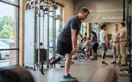Person with lower limb prosthetic performing adaptive strength training exercises in a gym setting